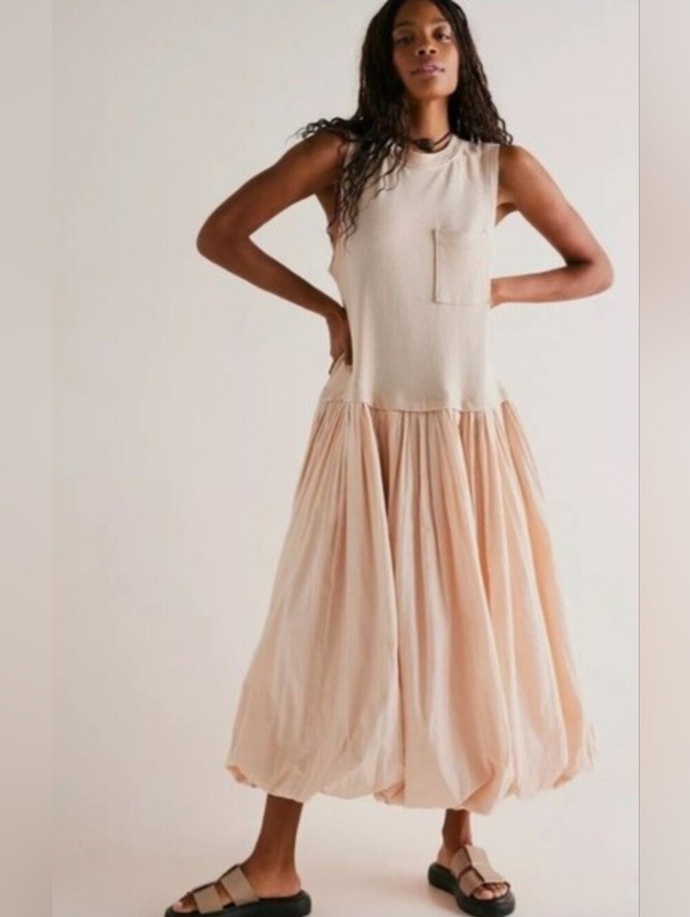 Free People Calla Lily Maxi Dress Sandstone Sz S Pocketed Relaxed Boho Beach - Picture 10 of 14